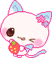 A cat holding a strawberry